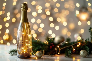 Festive champagne bottle with golden lights and Christmas decorations on bokeh background