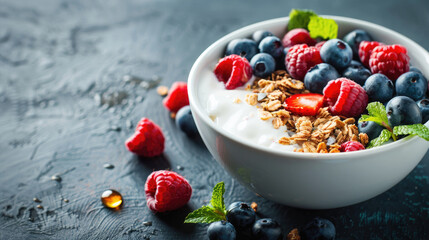 Healthy breakfast bowl with Greek yogurt, granola, fresh berries, and honey drizzle on dark grey slate concrete background.