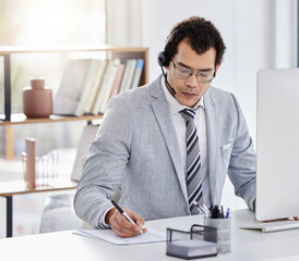 Businessman or call centre agent and paperwork with headphones and computer for telemarketing and...