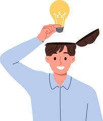 Man learns about innovative idea puts light bulb inside head to improve own creative thinking. Brilliant idea from business guy came up with new invention during brainstorming session