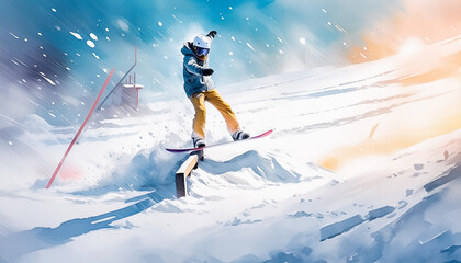 Naklejka na ściany i meble A snowboarder executes a rail trick in a snowy setting, showcasing skill and style