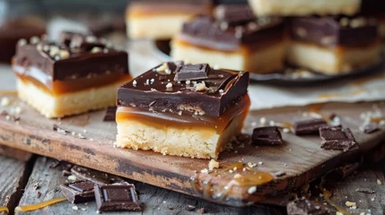 Foto op Plexiglas Millionaire shortbread slices with chocolate and caramel fudge © Nijat