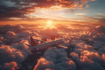 Airplane cruising through cumulus clouds in the sunset sky - obrazy, fototapety, plakaty