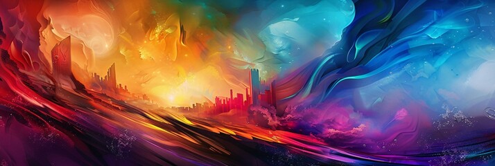 Journey through a surreal rainbow dreamscape where vibrant colors meld with abstract forms - obrazy, fototapety, plakaty