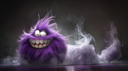 A purple monster with a big smile on its face is surrounded by smoke