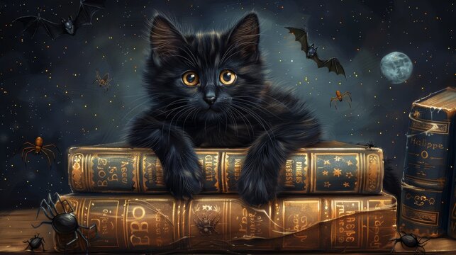 Cartoon illustration of Halloween banner with funny black cat sitting beside stack of antique books covered by witch hat against night sky, spiders and flying bats.