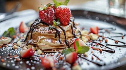 Pancakes with strawberries and chocolate decorated with mint leaf  - obrazy, fototapety, plakaty