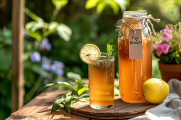 Homemade kombucha in a glass jar with mint on a wooden stand, with herb kitchen in the background - perfect for healthy eating and fermented drinkspt. - 794448112
