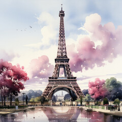 Watercolor Eiffel tower, clipart Illustration, Generative Ai