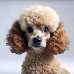 Portrait of beige curly poodle looking at camera on light grey background