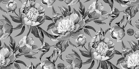 Seamless monochrome pattern with peonies drawn in gouache for textile