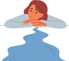 Woman cries, experiencing stress and apathy after breaking up with boyfriend, lying on desk, near puddle of tears. Depressed girl cries and needs psychological support after losing position in company
