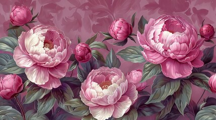 Stylish seamless pattern with beautiful blooming peonies on purple background. Floral modern illustration in antique style.