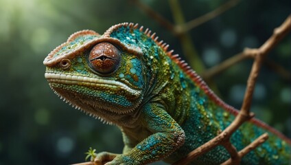 Fototapeta premium Green chameleon closeup in natural environment. Generative AI