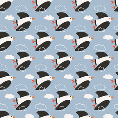 Seamless pattern with seagulls in the sky. The seagull is flying. Vector illustration