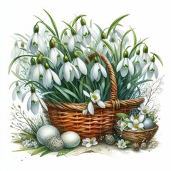 A bouquet of delicate spring white snowdrops in a wicker basket in a watercolor style on a white background, the first spring flowers