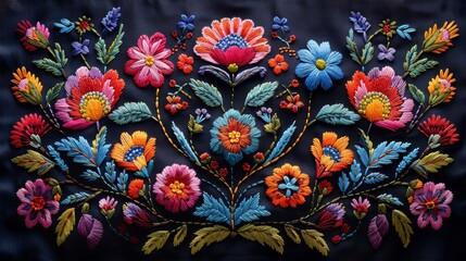 Ethnic colorful fashion ornament for the neck in satin stitch embroidery design. Folk line floral trendy pattern. - obrazy, fototapety, plakaty