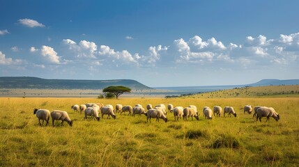 A flock of sheep grazing in field in the grasslands of the savanna, Maasai Mara National Park  