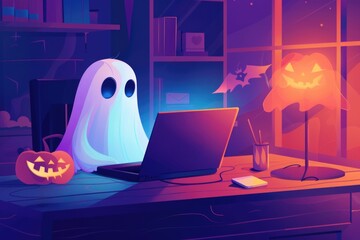 Stylized ghost character with glowing eyes at work on computer, Halloween theme with jack-o'-lantern
