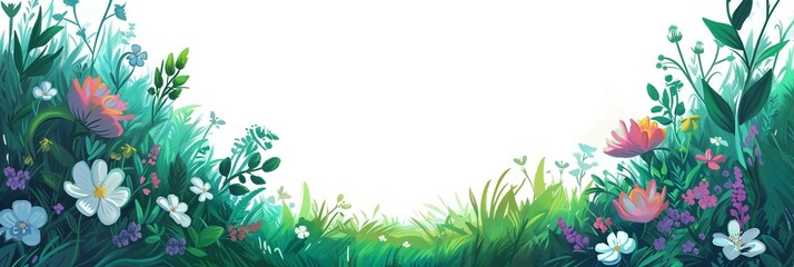 Banner flowering plants with green foliage and turquoise grass with space for text, summer garden online sales of sprouts, flowers, fertilizer, garden tools
