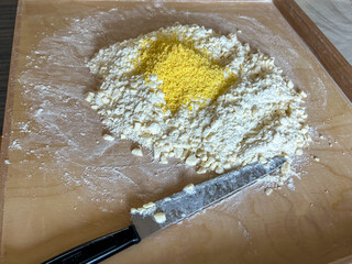 Preparing shortcrust pastry for baking sweet dough