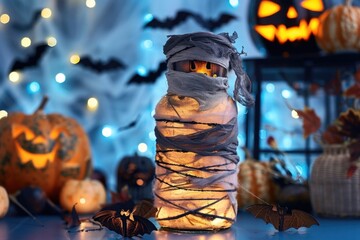 Mysterious Halloween Lantern Wrapped with Bandages Amidst Candles and Bats