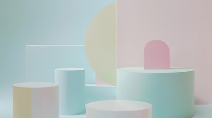 Design a high-definition scene featuring intersecting geometric shapes in soft pastel colors against a clean white backdrop, leaving ample negative space for a sleek product presentation