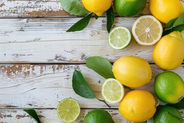 Assortment of Fresh Citrus Fruits with Limes and Lemons on Rustic White Wooden Background with Leaves