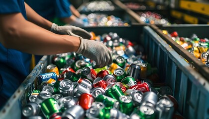Close-up of hands sorting soda cans