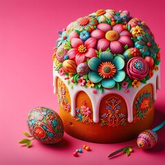 Bright Slavic Easter cake with bright colorful flowers on bright pink background