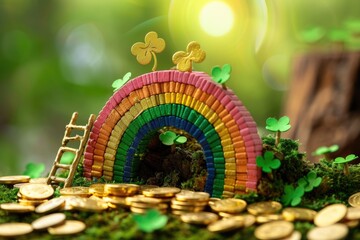 Colorful Hand-Painted Rainbow Arch with Gold Coins and Clover Leaves for St. Patrick's Day