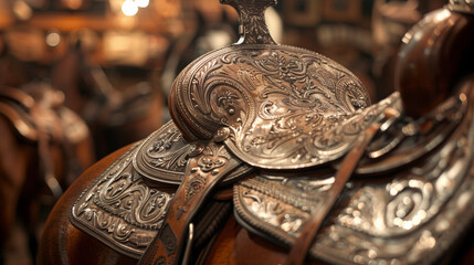 A horse saddle polished to a shine and adorned with intricate silver detailing serves as a unique and striking centerpiece in the room. . - obrazy, fototapety, plakaty