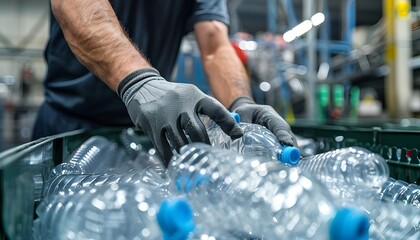 Close-up of hands with gloves collecting plastic bottles in a container