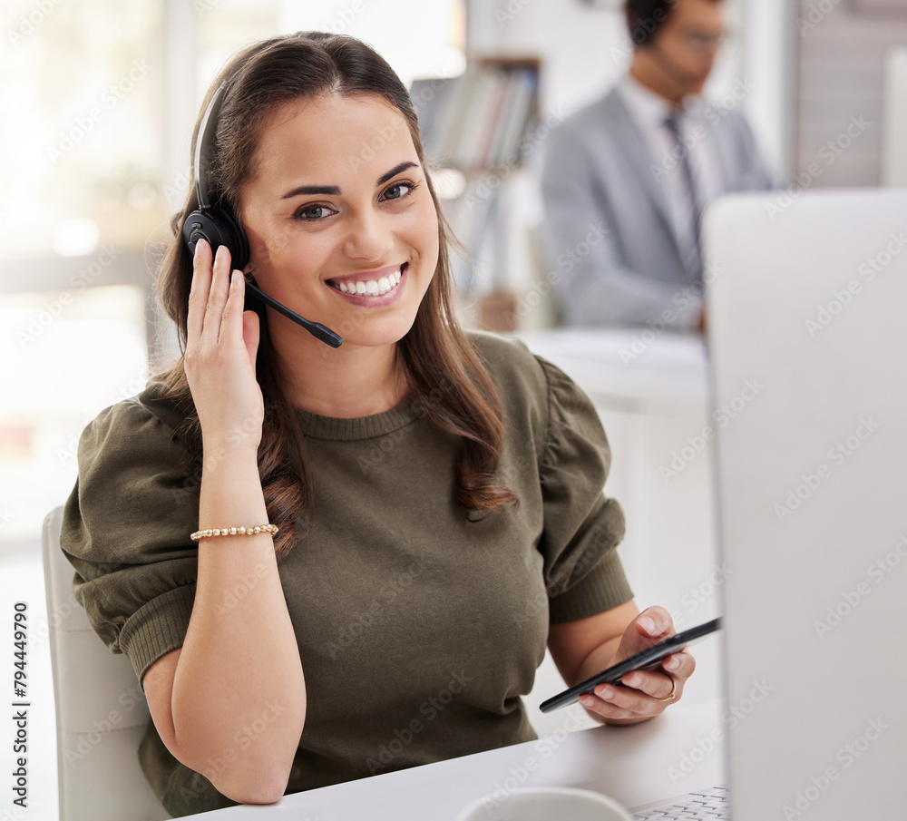 Poster woman, typing and portrait with phone in call center for technical support and agent relax at desk. 