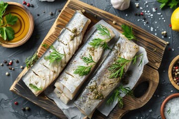 Fresh raw tilapia fish fillets seasoned with herbs on a rustic wooden board