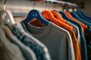 Close-up of assorted colorful clothes hanging on a rack, focusing on fashion and wardrobe organization