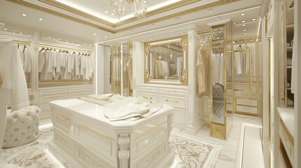 
Grande closet branco e dourado com lustre neoclássico