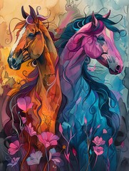 Two Horses with Flowers, set against a contrasting background