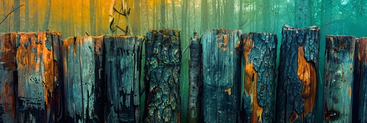 Explore a surreal forest of abstract wood stumps, where natural textures intertwine with vibrant colors