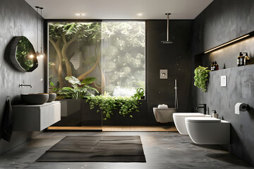 Fototapeta premium Contemporary modern bathroom interior in dark black colors and concrete elements.