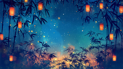 Fototapeta na wymiar Night Scene With Palm Trees and Lanterns