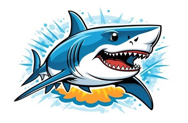 Cartoon shark in a frenzied pose with sharp teeth on display, amid a burst of splashy water