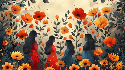 A Floral and Foliage Background with Orange Flowers and People in Silhouette.
