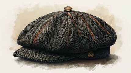 Set on a white background, this modern illustration shows a black newsboy cap with 3 buttons on the top. - obrazy, fototapety, plakaty