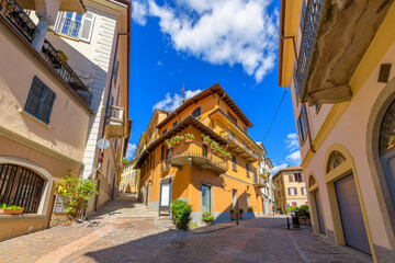 The narrow alleys and streets of the colorful lakefront village of Menaggio, Italy, on the shores of Lake Como in the Lombardy district of Northern Italy.