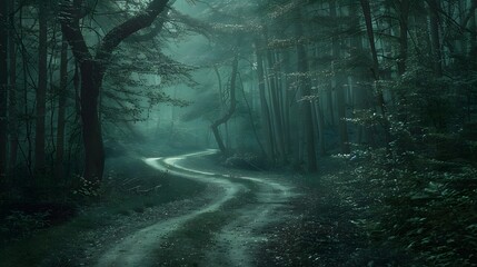 Eerily Realistic Trail In Woods Hd Desktop Wallpaper. a road winds through a dense forest in this captivating hd wallpaper. the dark green and dark gray tones create a mystical atmosphere - Powered by Adobe