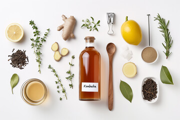 Kombucha ingredient kit: a bottle of fermented tea drink with lemon, ginger, and various herbs on a white background - 794450772