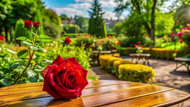 red roses on the table with a flower garden background