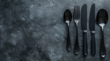 Set of black cutlery arranged neatly on textured dark surface - obrazy, fototapety, plakaty