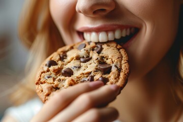 Detailed close-up of a woman munching on a chewy, sweet cookie